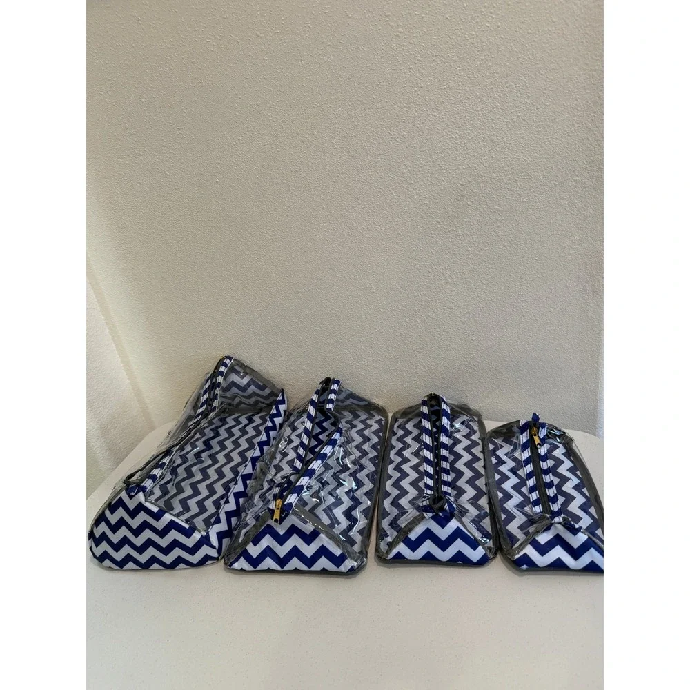 Navy Blue White Chevron Clear Toiletry Bag Set 4 Piece Travel Cosmetic Pouches